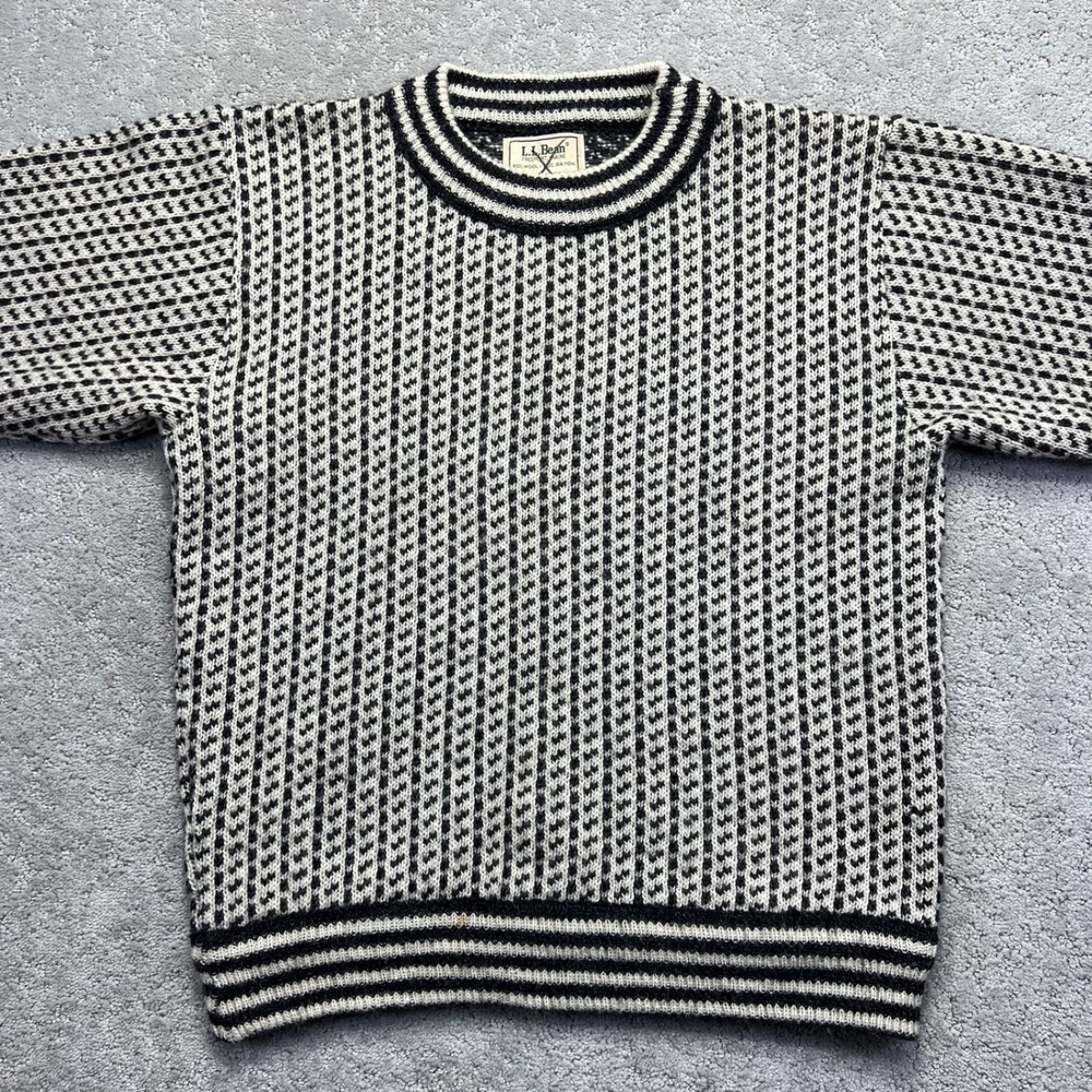 VINTAGE LL Bean Sweater Womens M White Black Birds Eye Wool Blend Made in Norway - Picture 2 of 15